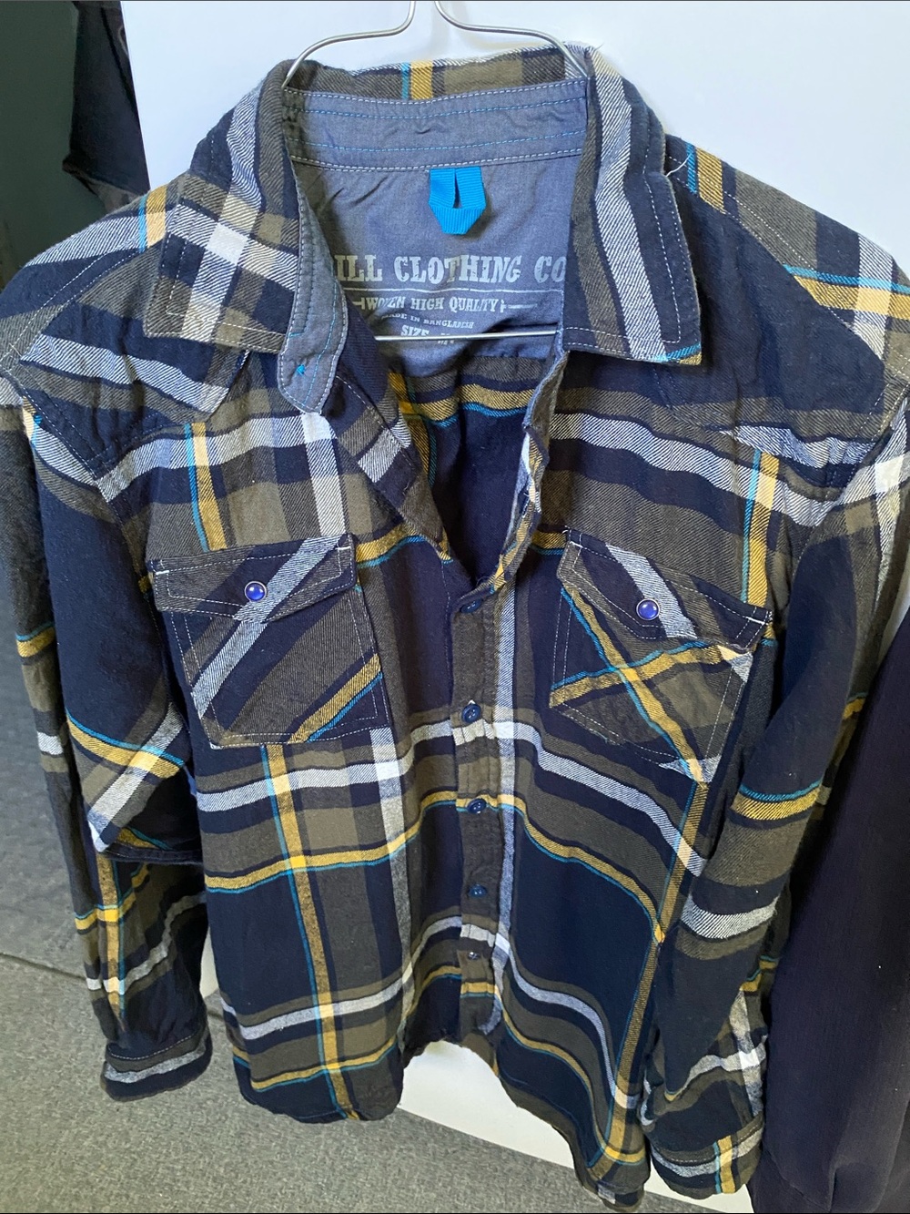 Drill Clothing Co. Navy Plaid Button-Up with Mustard Accents